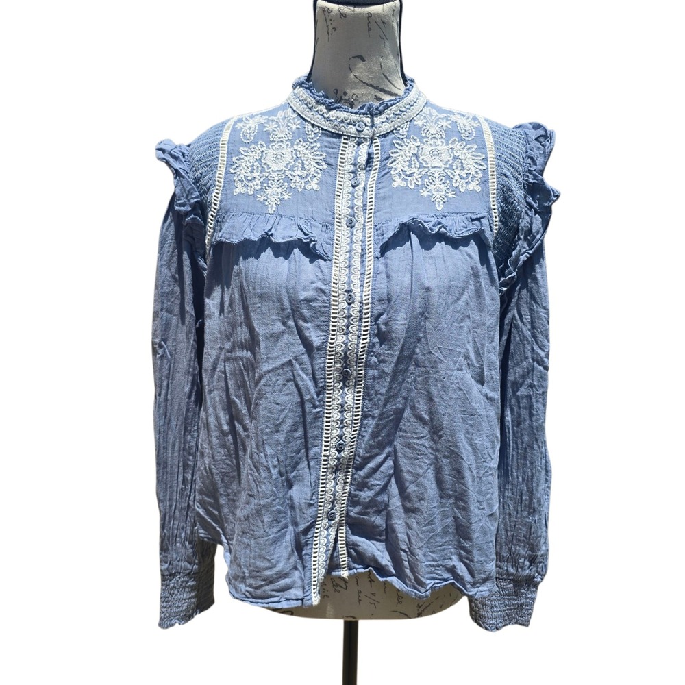 MNG Mango Embroidered Blouse Ruffle Trim Long Sleeve Button Down Top Blue Size L